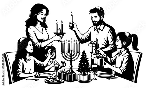 kkah at a dining table, black, candle holder, christmas, christmas dinner, dinner, dinning table, family, food, illustration, man, person, platter, sit, table, vacation, against transparent background