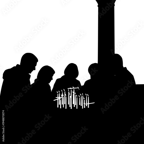 A group of people lighting candles in a church setting, church, illustration, person, pillar, prayer, preacher, profile, stand, against transparent background
