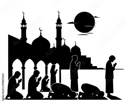  praying in front of a mosque with a sunset in the background, black, builder, hassock, illustration, man, mosque, person, prayer, profile, prophet, religion, religious, against transparent background