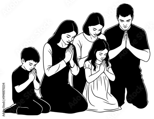 A black and white illustration of a group of people praying together, black, child, family, floor, hand, illustration, man, mother, person, prayer, sit, woman, against transparent background