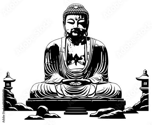 large statue of a seated buddha in a serene garden setting with pagodas and trees, author, black, buddha, deity, footstall, illustration, meditation, sit, statue, white, against transparent background