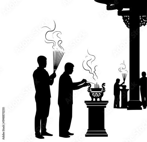 mple setting, one holding a staff and the other holding a censoring, catch, footstall, illustration, incense, man, person, pillar, profile, shrine, stand, steam, temple, against transparent background