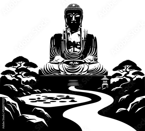 ue of a seated buddha surrounded by a serene landscape, art, author, black, buddha, deity, illustration, landscape, meditation, scenery, sit, statue, stone, tree, white, against transparent background