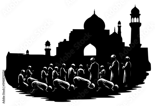 ying in front of a silhouette of a mosque, city, crowd, gathering, illustration, leader, man, mosque, person, pilgrim, prayer, profile, religion, religious, robe, stand, against transparent background