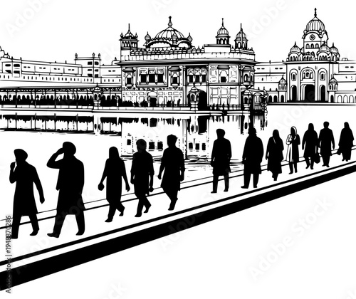 A group of people walking in front of a large ornate building near a body of water, black, building, city, illustration, palace, person, profile, walk, water, against transparent background
