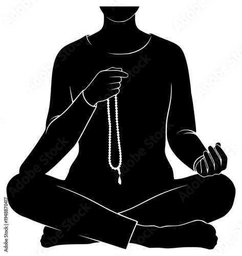 of a person sitting in a meditative pose, holding a rosary, bead, black, floor, hand, illustration, man, meditation, necklace, pearl, prayer, profile, rosary, sit, yoga, against transparent background