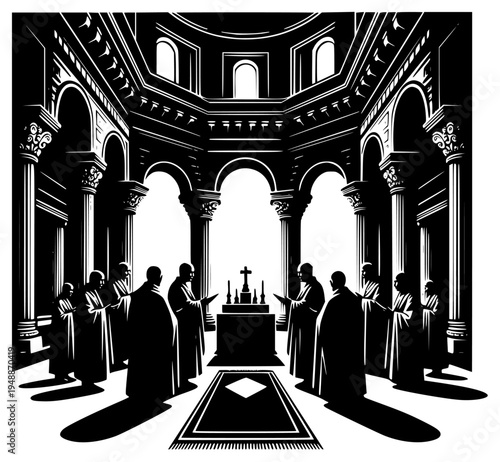 ng around a table in a grand hall, altar, black, builder, church, illustration, leader, man, person, pillar, prayer, preacher, profile, religion, religious, robe, stand, against transparent background