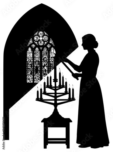 ghting a candelabra in a church, black, candle, candle holder, catch, chapel, church, footstall, glass window, gothic, illustration, profile, stain, stand, stool, woman, against transparent background