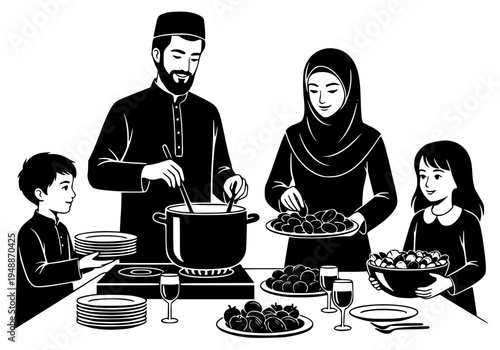 together, child, cook, dinner, dinning table, family, feast, food, illustration, man, meal, person, plate, platter, pot, potato, service, stew, stir, table, tray, woman, against transparent background