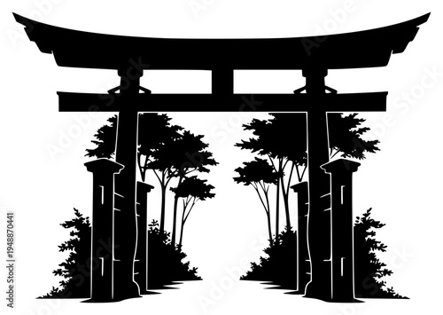 A black and white silhouette of a torii gate with trees in the background, black, building, door, doorway, entrance, illustration, pillar, profile, shrine, tree, against transparent background