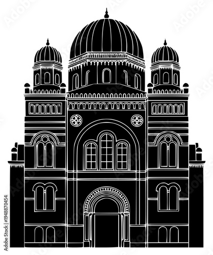 A black and white line drawing of a large cathedral, black, building, cathedral, church, dome, gothic, icon, illustration, profile, worship, against transparent background