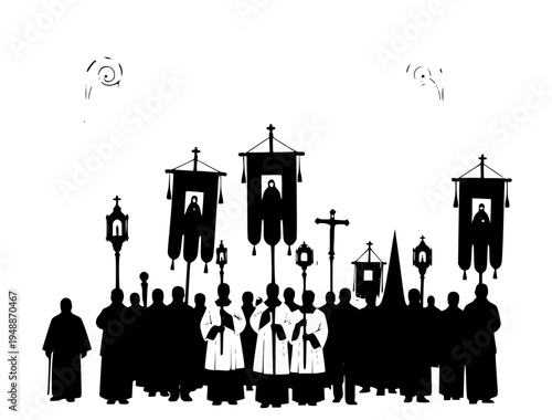 treet, with banners displaying religious figures hanging above them, church, city, cross, crowd, illustration, leader, person, preacher, profile, religious, robe, stand, against transparent background