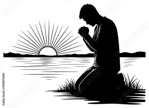 the shore of a lake, praying with a sunset in the background, bible, hand, illustration, lake, man, person, prayer, profile, rosary, sea, sit, stone, sun, sunset, water, against transparent background