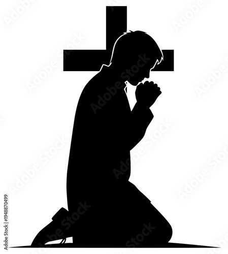 A silhouette of a man kneeling in prayer with a cross behind him, boy, builder, cross, crucifix, floor, hand, man, person, prayer, profile, rosary, sit, against transparent background