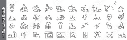 Scooter, motorcycle and delivery icon set – editable outline symbols of moped, for sale, shop, online store, rider, accident, safety, repair, shop and navigation