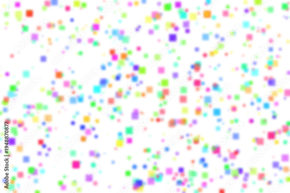 Obraz premium Vibrant abstract background of colorful blurred squares and dots floating on white.