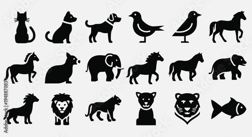 Black silhouettes of various animals on a transparent background