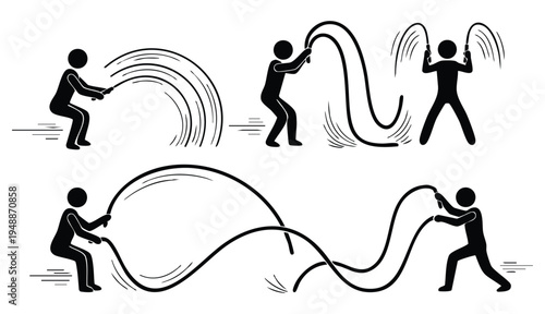 Set of stick figures battle rope exercises on a white background.
