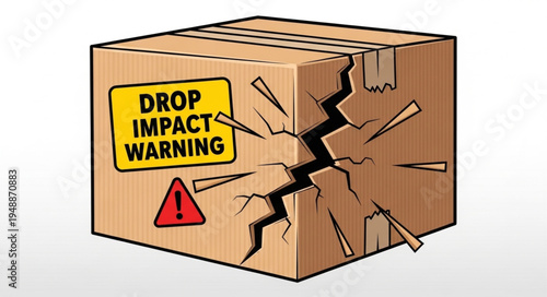Damaged Cardboard Box with Drop Impact Warning Sign.
