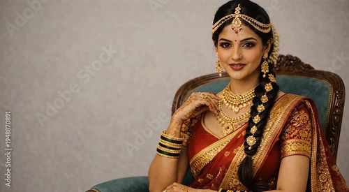 Indian bride sitting with long braid wearing red saree and gold jewelry elegant bridal portrait ideal for wedding advertisement culture celebration fashion promotion