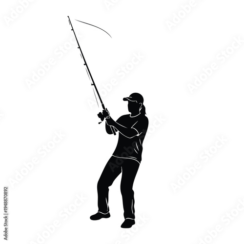 Woman silhouette fishing while standing with rod and reel equipment