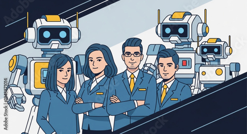 Robots and business people team collaboration illustration.