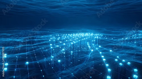 Dark blue abstract digital landscape with a glowing wavy grid and bright data nodes