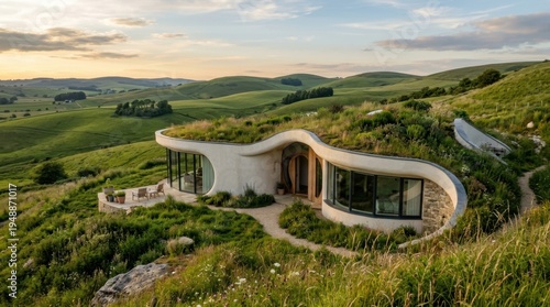 Eco-Friendly Earth Home Nestled in Lush Green Hills at Sunset.
