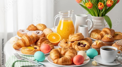 Delicious Easter breakfast spread with fresh pastries, orange juice, and colorful eggs