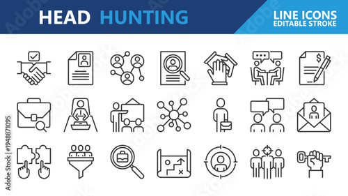 Head Hunting icons. Headhunting and Recruitment line icon set. Editable Stroke.