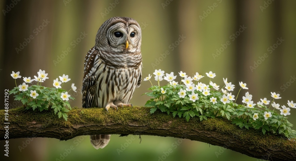 Obraz premium A majestic barred owl perched on a mossy branch surrounded by delicate white spring flowers in a soft forest setting