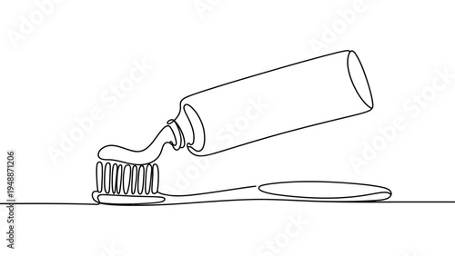 Continuous line toothpaste squeezing on toothbrush illustration, minimalist dental hygiene concept outline drawing isolated on white background