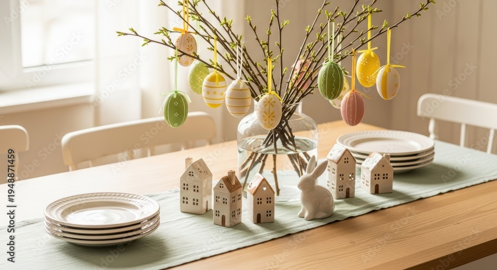 Obraz premium Easter table setting with decorated eggs, ceramic houses, and bunny figurine