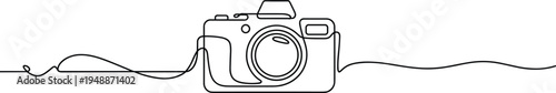A black and white line of a camera with a strap on both sides and a wavy line background line black and white