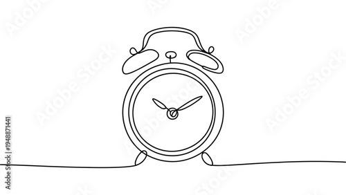 Continuous line alarm clock illustration, minimalist time management and schedule concept outline drawing isolated on white background