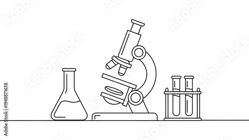 Continuous line microscope with laboratory glassware illustration, minimalist science research outline drawing with lab equipment isolated on white