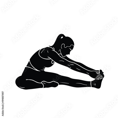 Woman silhouette stretching sitting on floor reaching for toes workout