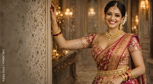 Indian bride posing with hand on carved wall wearing red saree and gold jewelry elegant wedding portrait ideal for bridal advertisement culture fashion promotion