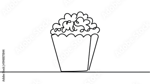 Continuous line popcorn box illustration, minimalist cinema snack outline drawing with popcorn container isolated on white background modern line art