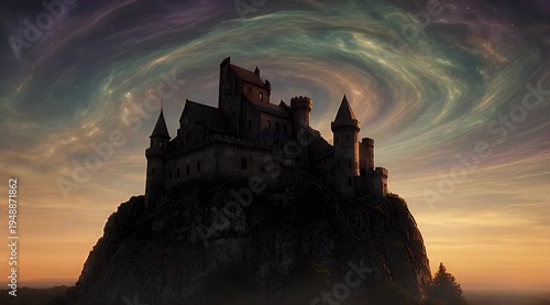 Fantasy castle on a rugged mountain under a swirling, colorful, celestial sky