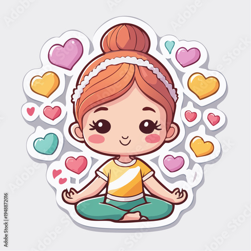 Cute Kawaii Girl Meditating in Lotus Pose Surrounded by Hearts, Sticker Illustration