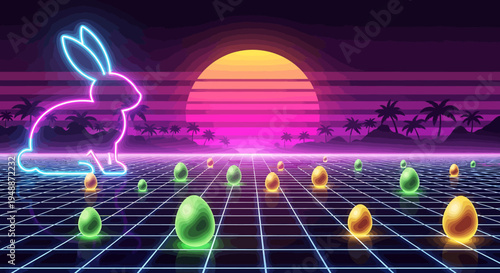 Neon Bunny in Retro Futuristic Landscape.