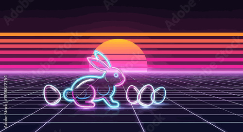neon bunny runs on grid floor.