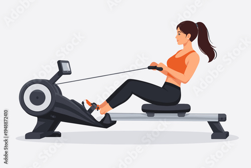 Flat Vector Illustration of a Young Woman Exercising on a Rowing Machine Ergometer for Cardio and Strength Training, Concept for Fitness, Healthy Lifestyle, Gym Workout, and Physical Activity.