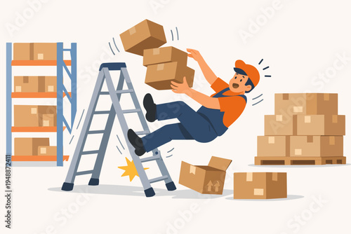 Warehouse Worker Falling from a Ladder While Carrying Cardboard Boxes, Workplace Accident and Occupational Safety Hazard Concept, Flat Vector Illustration of a Delivery Man Slipping in Storage Room.