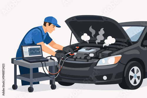 Professional Auto Mechanic in Blue Uniform Using Laptop Diagnostic Tool to Repair a Car with Smoking Engine and Open Hood, Flat Vector Illustration of Automotive Service and Vehicle Maintenance.