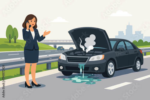 Businesswoman calling for help on a smartphone next to a broken down car with an open hood and leaking radiator on a highway, flat vector illustration of vehicle engine failure and car trouble.