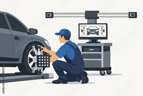 Professional Auto Mechanic in Blue Uniform Adjusting Wheel Alignment on a Modern Car Using Computerized Diagnostic Equipment in a Garage, Flat Vector Illustration for Automotive Maintenance.