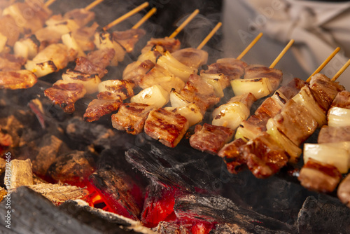 Εκτύπωση καμβά 炭火で焼く豚肉と玉ねぎの焼き鳥 業務用グリル 煙と炎の臨場感あるシーン 居酒屋・屋台イメージ