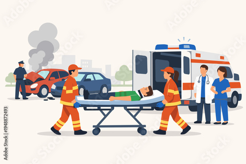 Emergency Rescue Team and Medical Staff Helping Injured Victim After Car Accident on City Road with Ambulance, Police Officer, Doctor, and Nurse in Flat Vector Illustration Style Scene